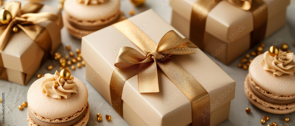 Luxury holidays background with gift boxes, beige macarons, sweets delicious, desserts, golden decoration. Pastry food mockup. flat lay. Generative ai Luxury holidays background with gift boxes, beige macarons, sweets delicious, desserts, golden decoration. Pastry food mockup. flat lay. Generative ai