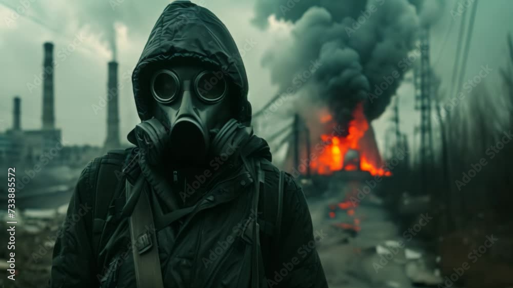 Apocalypse, nuclear war, radiation, concept. Stalker man in a gas mask standing against backdrop of fire and smoke at a nuclear station, slow motion Apocalypse, nuclear war, radiation, concept. Stalker man in a gas mask standing against backdrop of fire and smoke at a nuclear station, slow motion