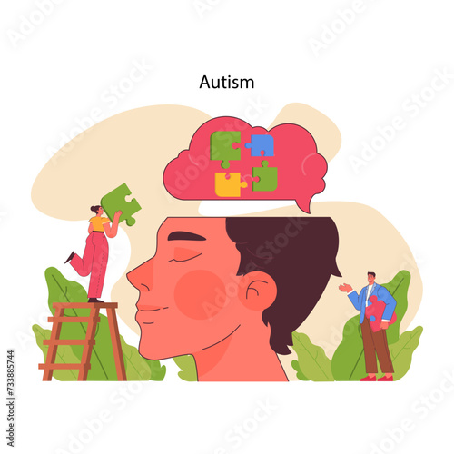 Autism concept. An insightful depiction of the autism puzzle piece metaphor within a contemplative profile, symbolizing complexity and understanding. Flat vector illustration