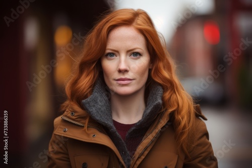 Portrait of a beautiful redhead woman in a winter coat on the street © Iigo