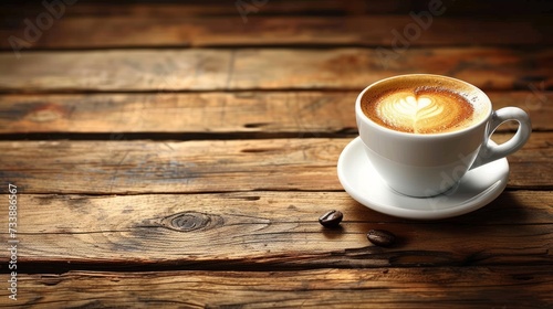 Cup of coffee and coffee beans on wooden background. Copy space for text, side view