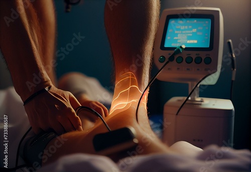Unrecognizable therapist performing a percutaneous electrolysis procedure with ultrasound equipment on a patient's leg. Generative AI photo