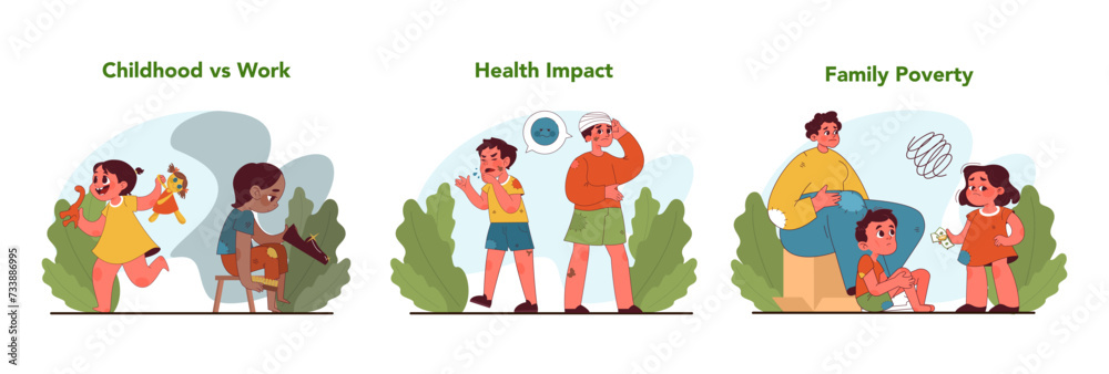 Fototapeta premium Child labor set. Juxtaposing carefree play with labor, highlighting health concerns and family poverty. Evoking call for change. Fight for children rights and freedom. Flat vector illustration