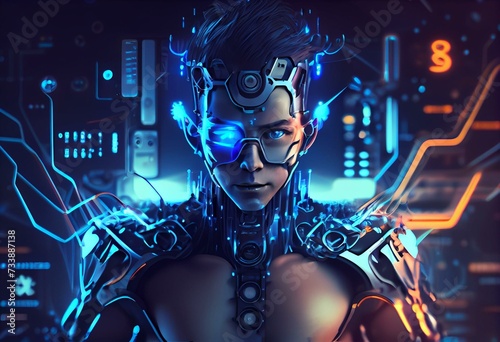 Virtual character with hud elements concept design. Retro future 3D render illustration. Blue glow light with computer board elements. Ai render. Generative AI © Vadym