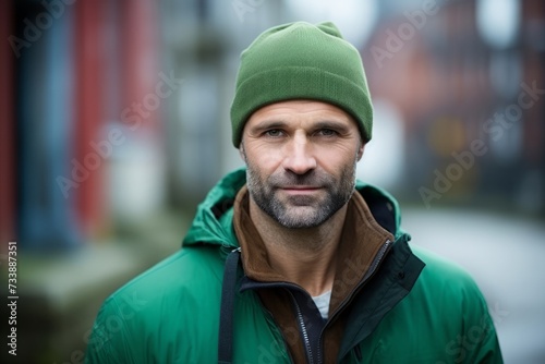 Portrait of a handsome man in a green jacket and hat. © Iigo