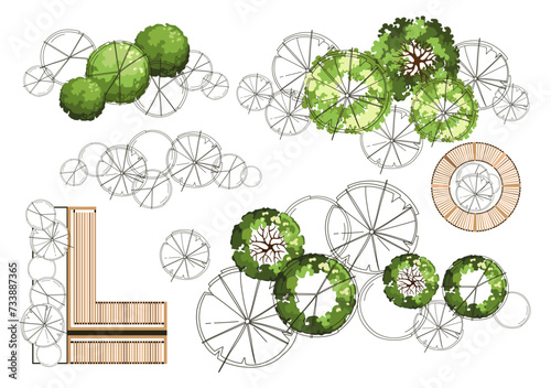 Top view elements for the landscape design plan. Trees and benches for architectural floor plans. Entourage design. Various trees, bushes, and shrubs. Vector illustration.