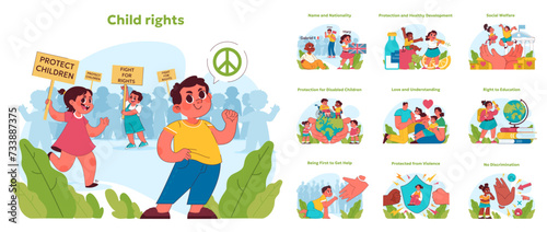 Child rights set. Multifaceted advocacy for kids, teens and youth welfare. Global diversity and inclusion. Educational access, social care, and protection from harm and violence. Vector illustration photo