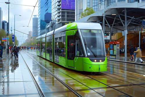 Green Public tram, train. Futuristic electric transport concept. 