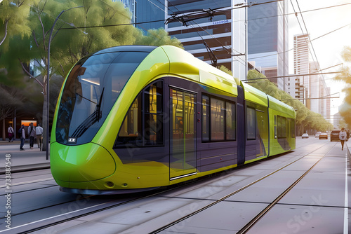 Green Public tram, train. Futuristic electric transport concept. 