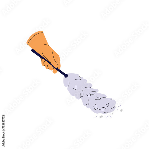 Feather duster in hand. Dust cleaner, brush, broom to wipe dirt, cleaning home. Sweeping supplies. Housework tools, housekeeping equipment. Flat isolated vector illustration on white background photo