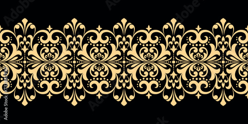 Wallpaper in the style of Baroque. Seamless vector background. Gold and black floral ornament. Graphic pattern for fabric, wallpaper, packaging. Ornate Damask flower ornament