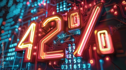 "42%" in a digital pixel font against a background of neon circuitry, capturing a tech-inspired aesthetic