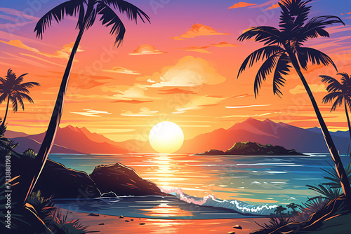 Sunset on the Beach: Groovy 70s Illustration with Vibrant Colors
