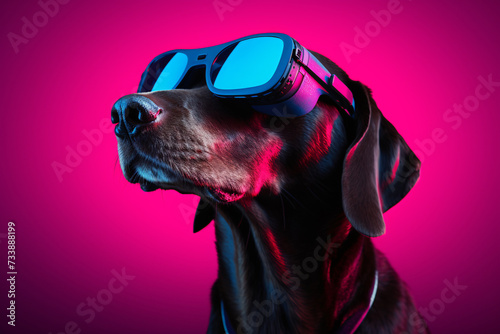 Neon Colors, lit Dog with VR Glasses, Surreal Canine Tech in Virtual Reality © Patchaporn