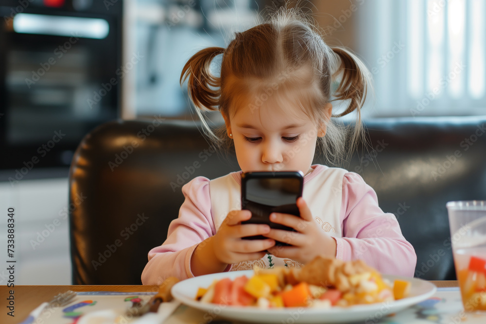 Little girl watching cartoon on mobile phone while having lunch at home. Screen addiction concept