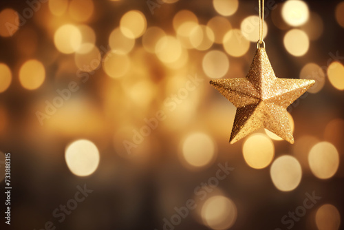 Gold Star Ornament Glitters on Dreamy Bokeh Background, Festive Holiday Season Magic