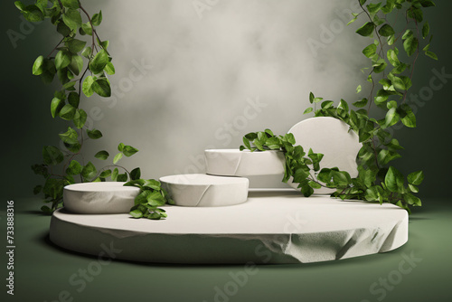 3D White Podium Platform, Minimalist Showcase with Natural Garden and Tree