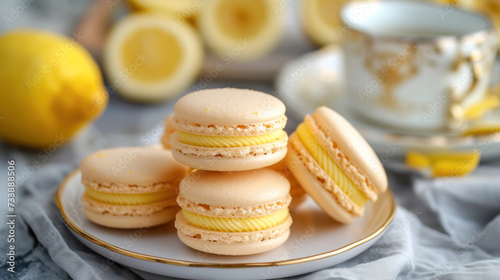 White Plate With Yellow Macaroons and Cup of Tea White Plate With Yellow Macaroons and Cup of Tea