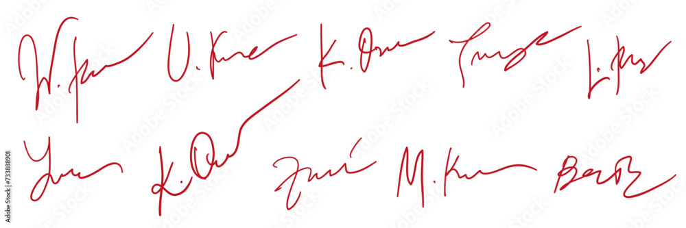 A collection of fake autographs. Hand writing, red ink. Vector A collection of fake autographs. Hand writing, red ink. Vector