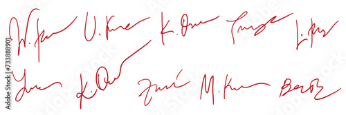 A collection of fake autographs. Hand writing, red ink. Vector