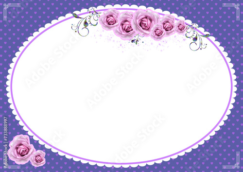 Karta z owalnym miejscem na tekst, życzenia, z dekoracyjnymi różowymi różami i deseniem z małych różowych serc