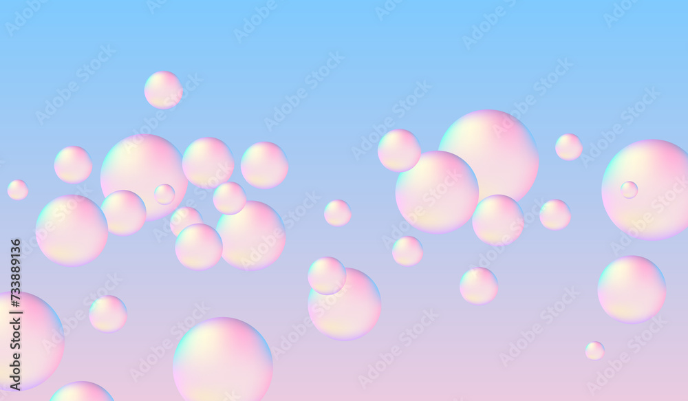 Sponge balls or pastel soap bubbles are floating on a pink-blue background. Sponge balls or pastel soap bubbles are floating on a pink-blue background.