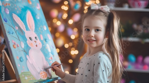 Cute little girl painting an Easter bunny on canvas for Easter celebration.