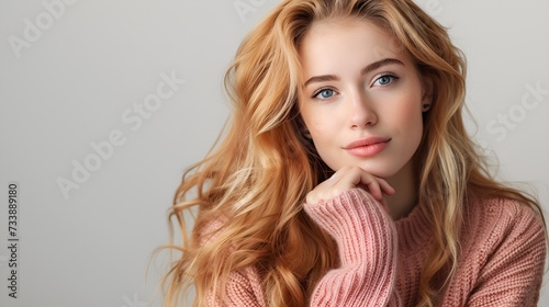 A stunningly gorgeous woman with long blonde hair, wearing a pink sweater posing elegantly. Studio photography.