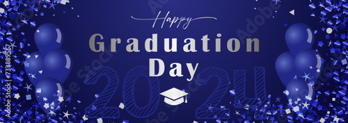 Happy Graduation Day decorative banner with 3D elements. Class of 2024 school wallpaper. Prom decoration. Holiday blue background with glittering frame. Invitation template. Greeting card concept.