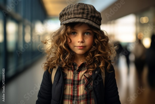 Portrait of a cute little girl with curly hair in a cap. © Iigo