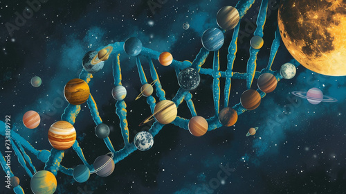 An illustration of a DNA helix with each base pair represented by a planet from our solar system photo