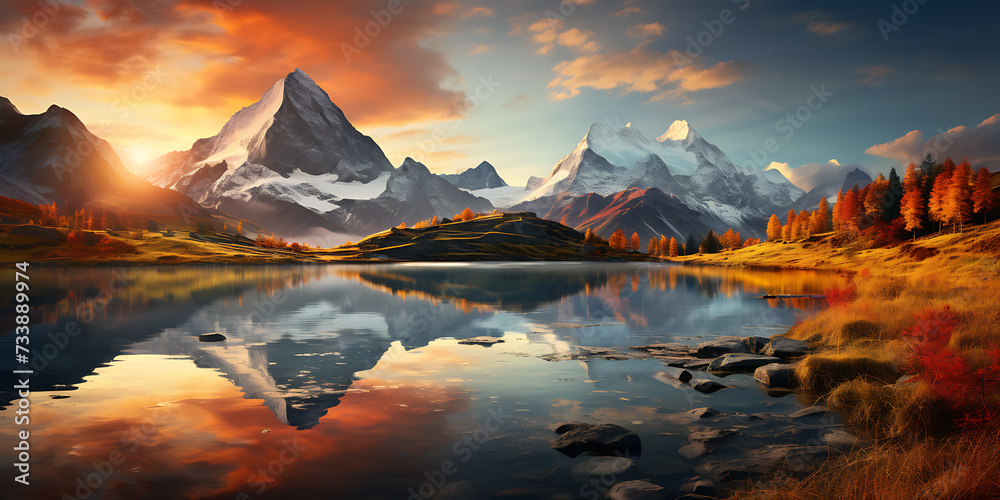 Matterhorn mountain and lake in Swiss Alps at sunrise, Switzerland