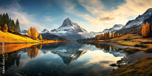 Matterhorn mountain and lake in Swiss Alps at sunrise, Switzerland