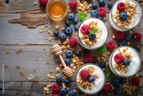 High angle view of three drinking glasses full of greek yogurt, granola and berry fruits