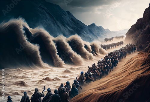 Bible event of Moses parting red sea and leads Jews through bottom on their way from Egypt. Generation AI. Generative AI