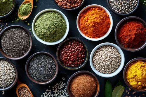 High angle view of various bowls full of different types of superfoods like turmeric, flax seeds, chia, wolfberry