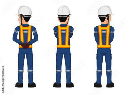 Set of construction worker in the position of looking at something beside himself