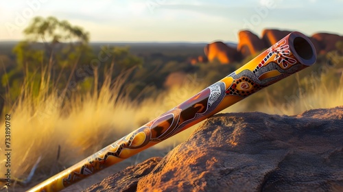 Aboriginal Didgeridoo at Sunset in Australian Outback photo