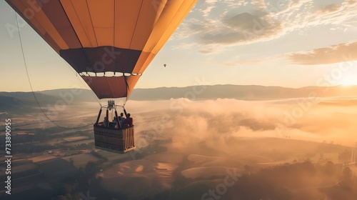 Hot Air Balloon Flight Over Misty Sunrise Landscape