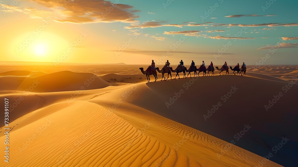 Caravan Crossing the Desert at Sunset
