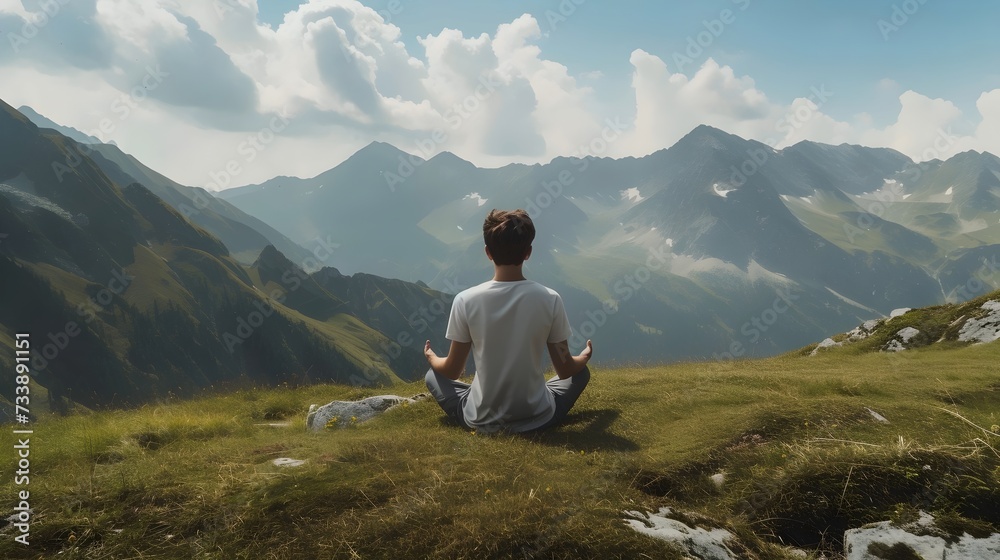 Person Meditating on a Mountain Overlooking a Valley Person Meditating on a Mountain Overlooking a Valley