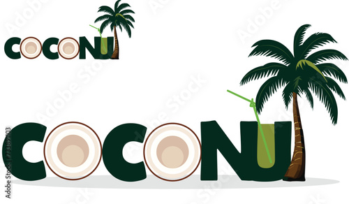 Coconut typography logo make with coconut tree, Logo for drinking coconut milk or juice, typography logo for fresh drink, Logo for drinking product.