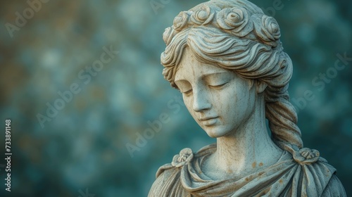 A contemplative Greek sculpture of a woman with rosette hair detailing on a green background © Elen Nika
