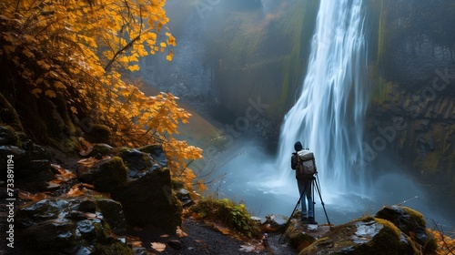 Photographer Capturing Autumn Waterfall Scene