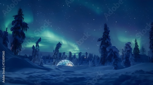 Aurora Borealis Over Snowy Forest and Igloo