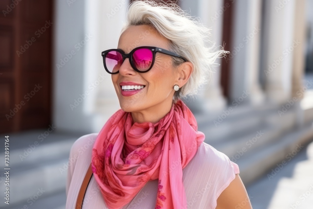 Closeup portrait of a beautiful blond woman with sunglasses and pink scarf