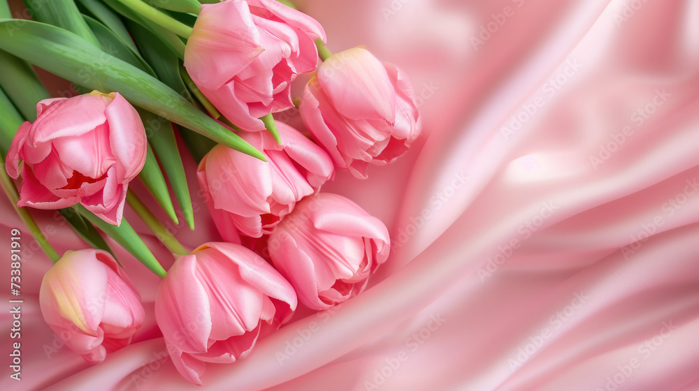 Obraz premium Pink Tulips Bouquet on Pink Satin