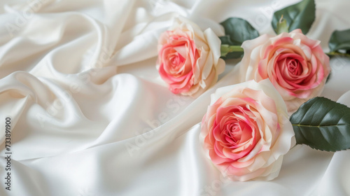 Three Pink Roses on a White Satin Background