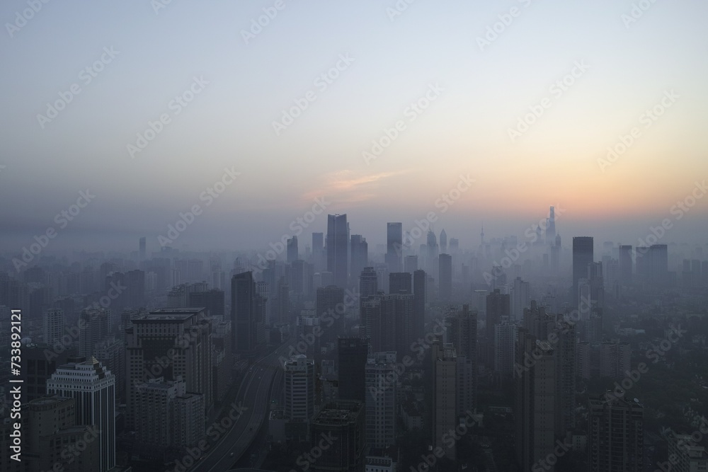 The beautiful and serene sunrise over the skyscrapers of Shanghai is truly captivating