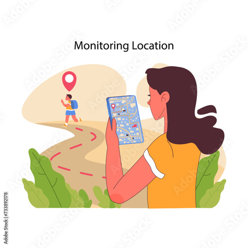 Monitoring location concept. Attentive parent using GPS tracking app to ensure child safety during outdoor activities. Protecting kids through modern technologies. Flat vector illustration